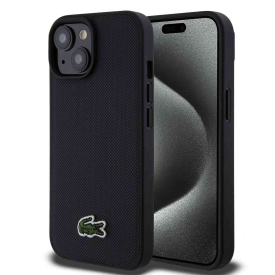 Husa Lacoste Iconic Petit Pique Woven Logo MagSafe pentru iPhone 15, Black (Bakr, LCHMP15SPVCK) by www.silkase.ro