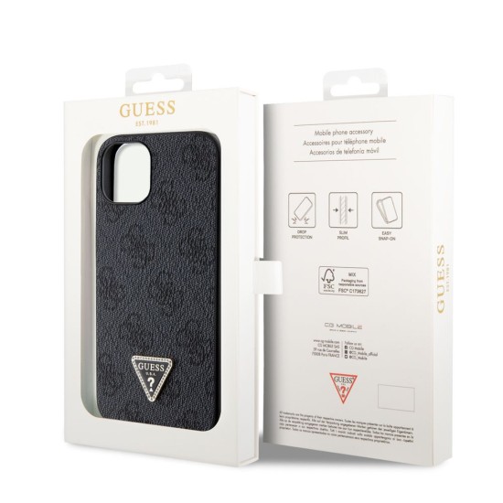 Husa Guess PU 4G Strass Triangle Metal Logo pentru iPhone 15, Black (Bakr, GUHCP15SP4TDPK) by www.silkase.ro