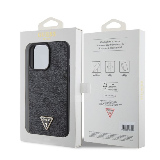 Husa de Protectie Guess PU 4G Strass Triangle Metal Logo pentru iPhone 15 Pro Max, Black (Bakr, GUHCP15XP4TDPK) by www.silkase.ro