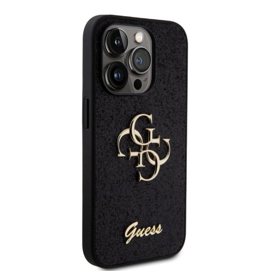 Husa Guess PU Fixed Glitter 4G Metal Logo pentru iPhone 15 Pro, Neagra (Bakr, GUHCP15LHG4SGK) by www.silkase.ro