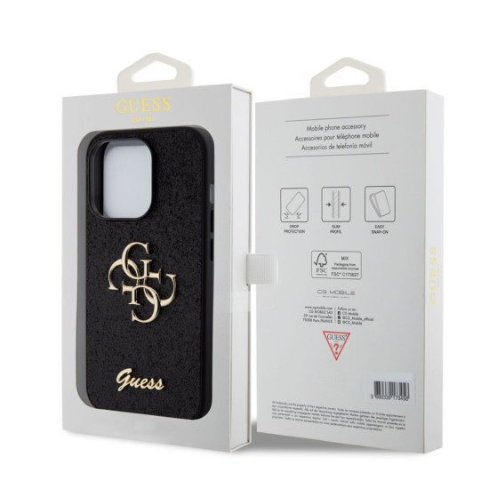 Husa Guess PU Fixed Glitter 4G Metal Logo pentru iPhone 15 Pro, Neagra (Bakr, GUHCP15LHG4SGK) by www.silkase.ro