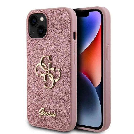 Husa Guess PU Fixed Glitter 4G Metal Logo pentru iPhone 15, Roz (Bakr, GUHCP15SHG4SGP) by www.silkase.ro