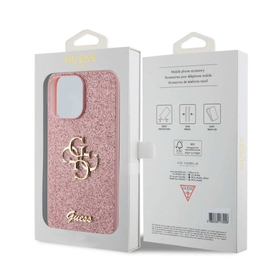Husa Guess PU Fixed Glitter 4G Metal Logo pentru iPhone 15 Pro Max, Roz (Bakr, GUHCP15XHG4SGP) by www.silkase.ro