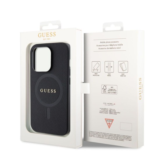 Husa Guess PU Saffiano MagSafe pentru iPhone 15 Pro Max, Neagra (Bakr, GUHMP15XPSAHMCK) by www.silkase.ro