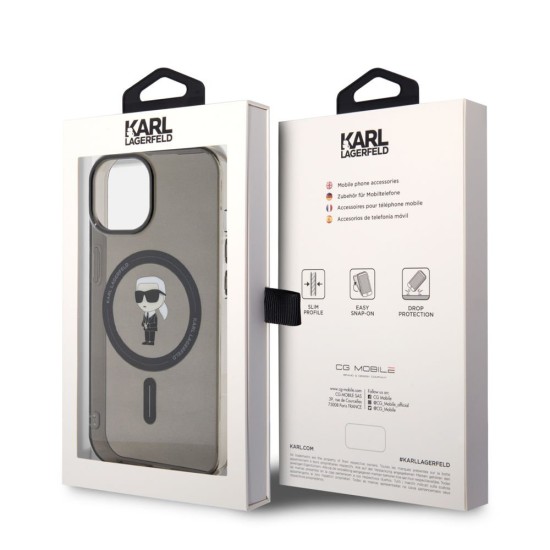Husa Karl Lagerfeld IML Ikonik MagSafe pentru iPhone 15, Neagra (Bakr, KLHMP15SHFCKNOK) by www.silkase.ro