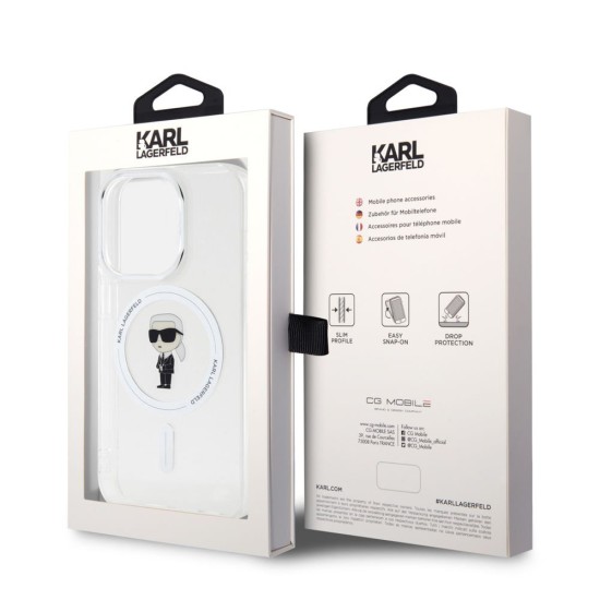 Husa Karl Lagerfeld IML Ikonik MagSafe pentru iPhone 15 Pro, Transparenta (Bakr, KLHMP15LHFCKNOT) by www.silkase.ro