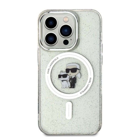 Husa Karl Lagerfeld IML Glitter Karl and Choupette MagSafe pentru iPhone 15 Pro, Transparenta (Bakr, KLHMP15LHGKCNOT) by www.silkase.ro