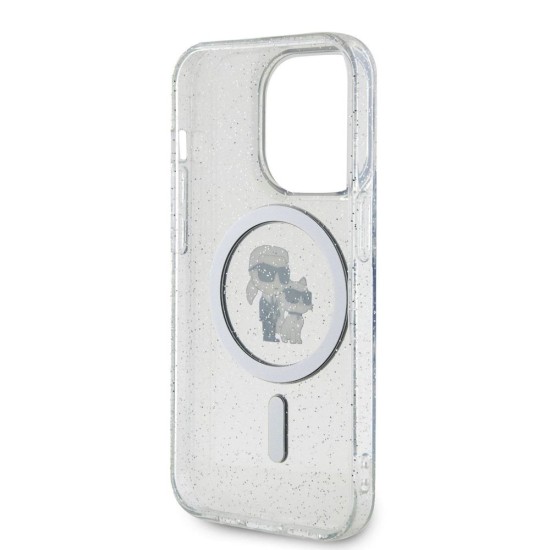 Husa Karl Lagerfeld IML Glitter Karl and Choupette MagSafe pentru iPhone 15 Pro, Transparenta (Bakr, KLHMP15LHGKCNOT) by www.silkase.ro