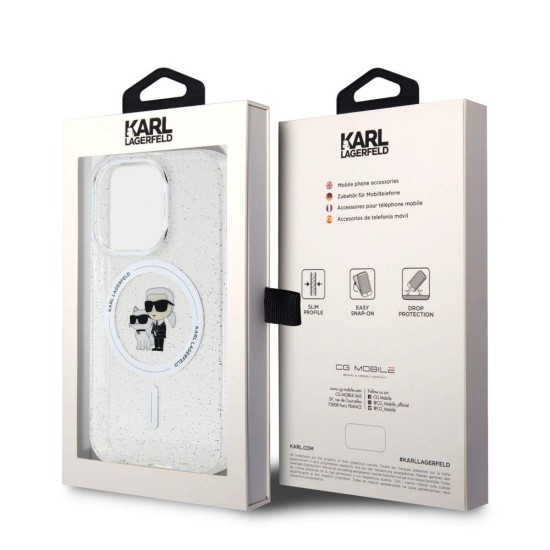 Husa Karl Lagerfeld IML Glitter Karl and Choupette MagSafe pentru iPhone 15 Pro, Transparenta (Bakr, KLHMP15LHGKCNOT) by www.silkase.ro