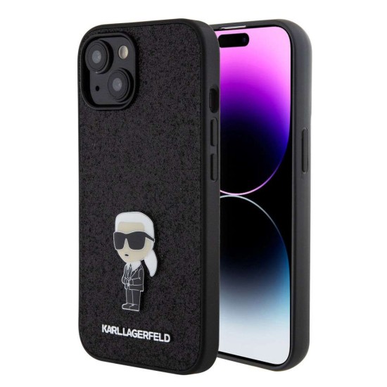 Husa Karl Lagerfeld Fixed Glitter Metal Ikonik pentru iPhone 15, Neagra (Bakr, KLHCP15SGKNPSK) by www.silkase.ro