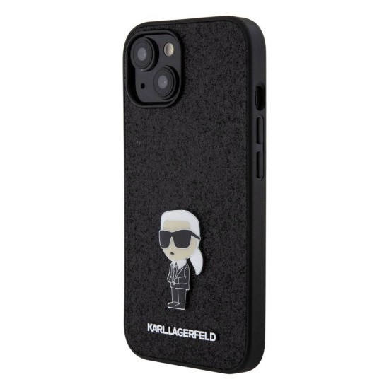 Husa Karl Lagerfeld Fixed Glitter Metal Ikonik pentru iPhone 15, Neagra (Bakr, KLHCP15SGKNPSK) by www.silkase.ro