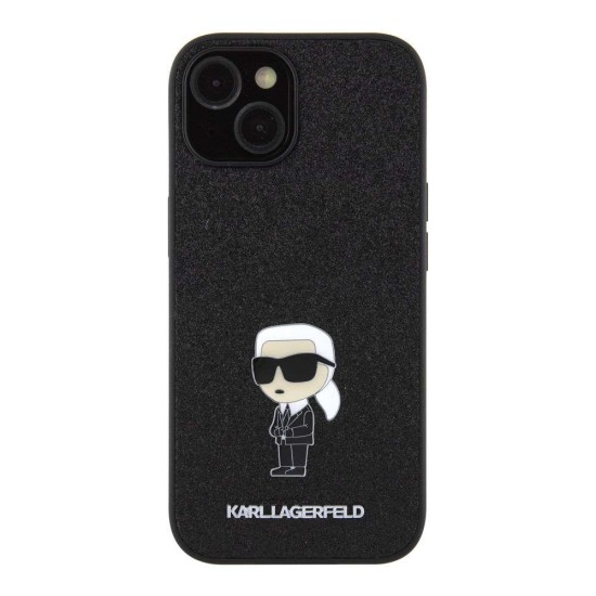 Husa Karl Lagerfeld Fixed Glitter Metal Ikonik pentru iPhone 15, Neagra (Bakr, KLHCP15SGKNPSK) by www.silkase.ro