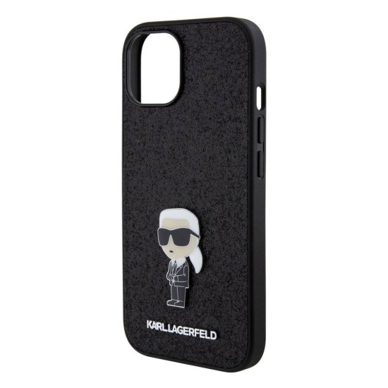 Husa Karl Lagerfeld Fixed Glitter Metal Ikonik pentru iPhone 15, Neagra (Bakr, KLHCP15SGKNPSK) by www.silkase.ro