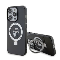 Husa Karl Lagerfeld Ringstand Karl and Choupette MagSafe pentru iPhone 15 Pro, Neagra