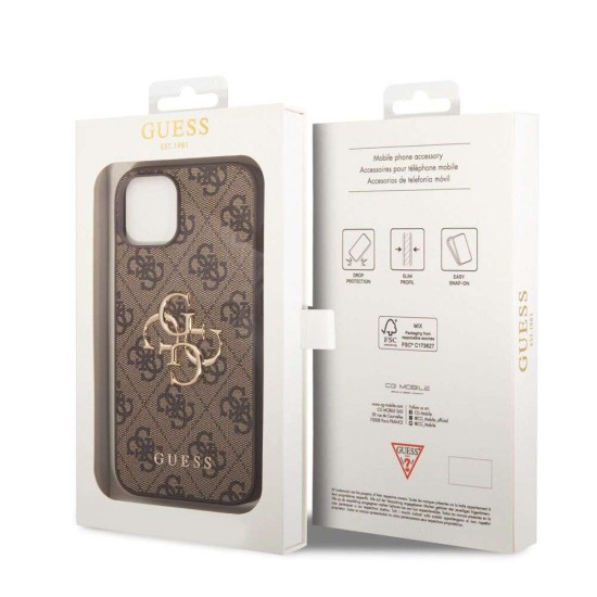 Husa Guess PU 4G Metal Logo pentru iPhone 15, Maro (Bakr, GUHCP15S4GMGBR) by www.silkase.ro