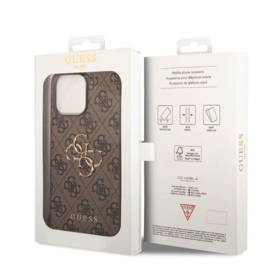 Husa Guess PU 4G Metal Logo pentru iPhone 15 Pro Max, Maro (Bakr, GUHCP15X4GMGBR) by www.silkase.ro