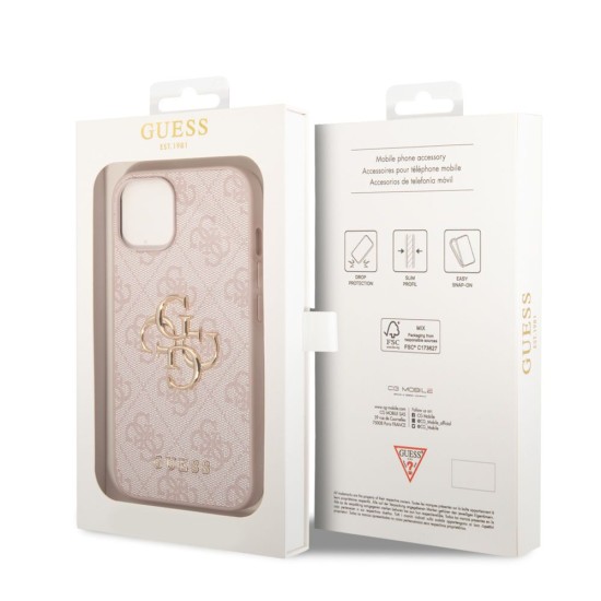 Husa Guess PU 4G Metal Logo pentru iPhone 15, Roz (Bakr, GUHCP15S4GMGPI) by www.silkase.ro