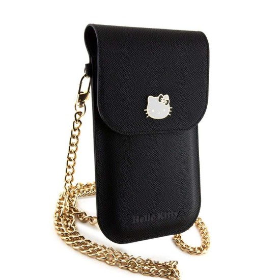Geantă de Umăr / Portofel Telefon Hello Kitty PU Metal Logo, Neagra (Bakr, HKOWBPGHDLMK) by www.silkase.ro
