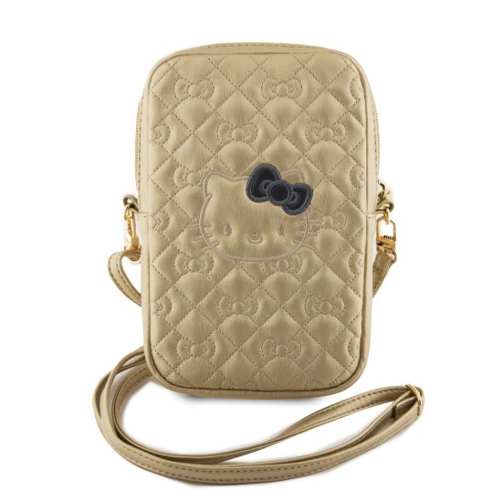 Geantă de Telefon Hello Kitty din Piele PU, Model Matlasat cu Logo Kitty Head Gold (Șnururi și Curele Telefon, HKPBPEKHBPD) by www.silkase.ro
