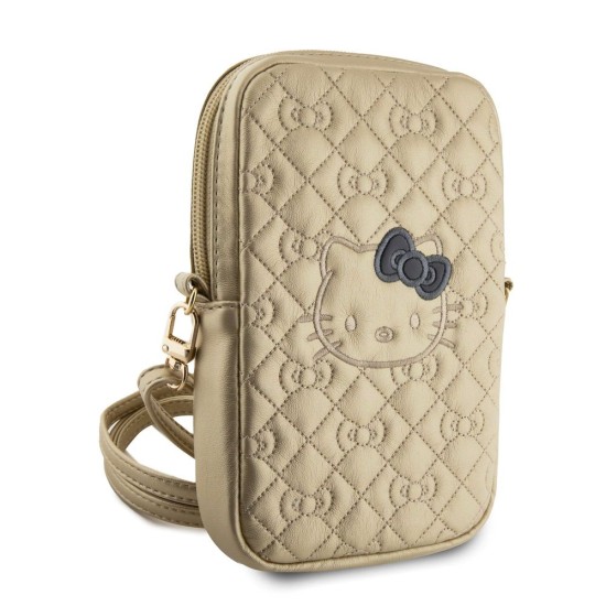 Geantă de Telefon Hello Kitty din Piele PU, Model Matlasat cu Logo Kitty Head Gold (Șnururi și Curele Telefon, HKPBPEKHBPD) by www.silkase.ro