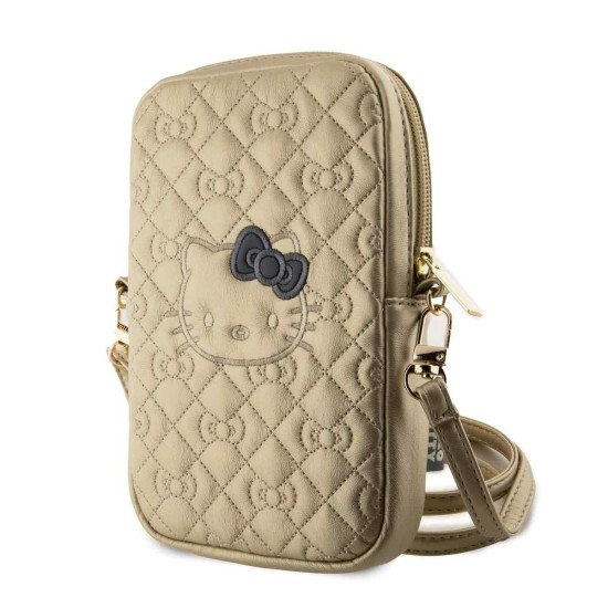 Geantă de Telefon Hello Kitty din Piele PU, Model Matlasat cu Logo Kitty Head Gold (Șnururi și Curele Telefon, HKPBPEKHBPD) by www.silkase.ro