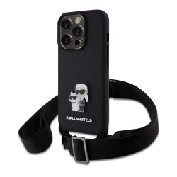 Husa Crossbody Karl Lagerfeld Saffiano Metal Karl and Choupette pentru iPhone 15 Pro, Neagra
