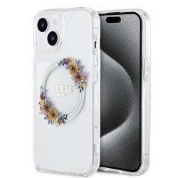 Husă Guess PC/TPU Flowers Ring Glossy Logo MagSafe pentru iPhone 15 Plus, Transparentă