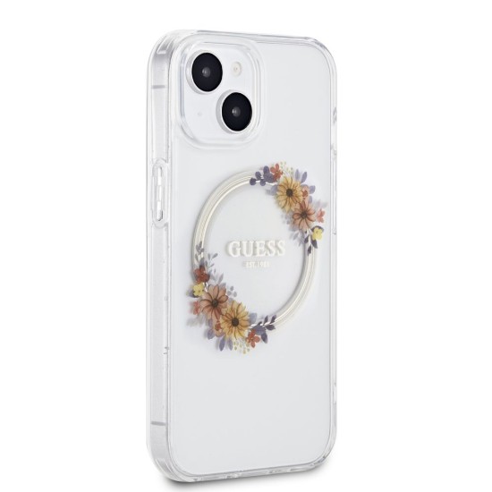 Husă Guess PC/TPU Flowers Ring Glossy Logo MagSafe pentru iPhone 15 Plus, Transparentă Husă Guess PC/TPU Flowers Ring Glossy Logo MagSafe pentru iPhone 15 Plus, Transparentă (Bakr, GUHMP15MHFWFCT) by www.silkase.ro