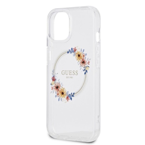 Husă Guess PC/TPU Flowers Ring Glossy Logo MagSafe pentru iPhone 15 Plus, Transparentă Husă Guess PC/TPU Flowers Ring Glossy Logo MagSafe pentru iPhone 15 Plus, Transparentă (Bakr, GUHMP15MHFWFCT) by www.silkase.ro
