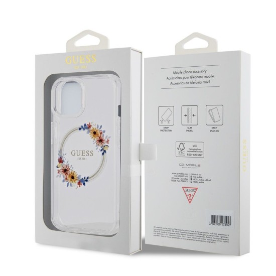Husă Guess PC/TPU Flowers Ring Glossy Logo MagSafe pentru iPhone 15 Plus, Transparentă Husă Guess PC/TPU Flowers Ring Glossy Logo MagSafe pentru iPhone 15 Plus, Transparentă (Bakr, GUHMP15MHFWFCT) by www.silkase.ro