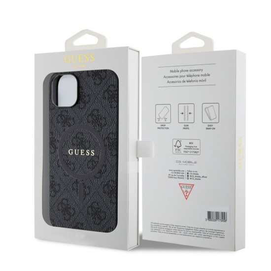 Husa Guess PU Leather 4G Colored Ring MagSafe pentru iPhone 15 Plus, Black (Bakr, GUHMP15MG4GFRK) by www.silkase.ro