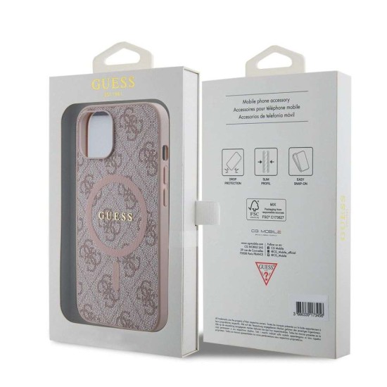 Husa Guess PU Leather 4G Colored Ring MagSafe pentru iPhone 14, Roz (Bakr, GUHMP14SG4GFRP) by www.silkase.ro