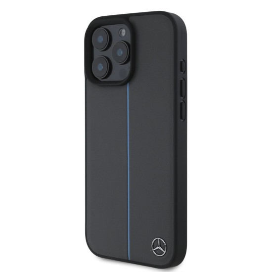 Husa Mercedes Leather Blue Stripe MagSafe pentru iPhone 16 Pro, Gri Antracit (Bakr, MEHMP16L23RURBA) by www.silkase.ro