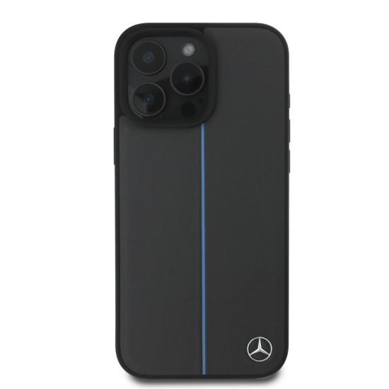 Husa Mercedes Leather Blue Stripe MagSafe pentru iPhone 16 Pro, Gri Antracit (Bakr, MEHMP16L23RURBA) by www.silkase.ro