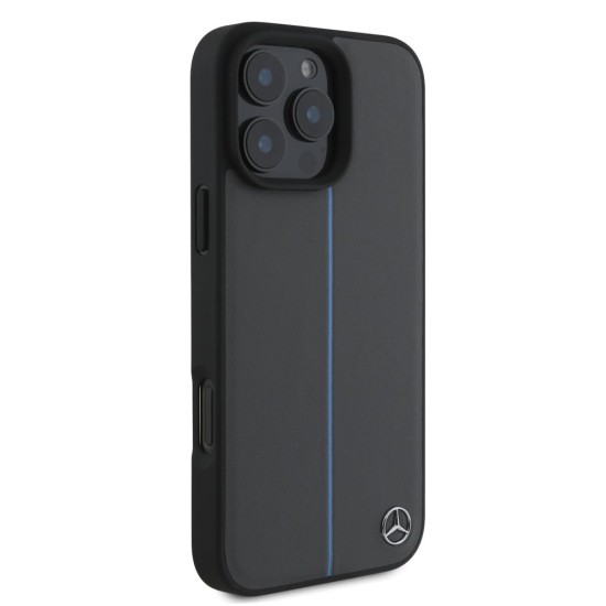 Husa Mercedes Leather Blue Stripe MagSafe pentru iPhone 16 Pro, Gri Antracit (Bakr, MEHMP16L23RURBA) by www.silkase.ro
