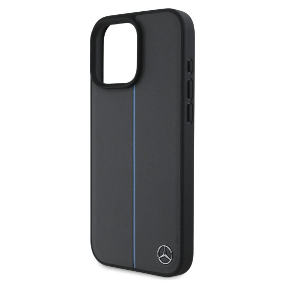 Husa Mercedes Leather Blue Stripe MagSafe pentru iPhone 16 Pro, Gri Antracit (Bakr, MEHMP16L23RURBA) by www.silkase.ro