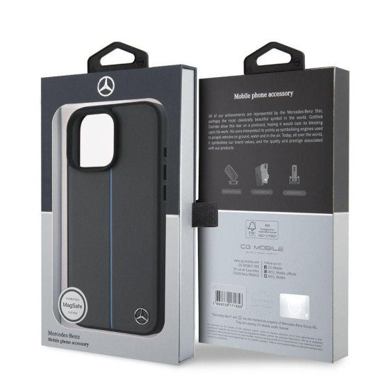 Husa Mercedes Leather Blue Stripe MagSafe pentru iPhone 16 Pro, Gri Antracit (Bakr, MEHMP16L23RURBA) by www.silkase.ro