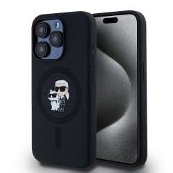 Husa Karl Lagerfeld Liquid Silicone Karl and Choupette MagSafe pentru iPhone 15 Pro, Neagra