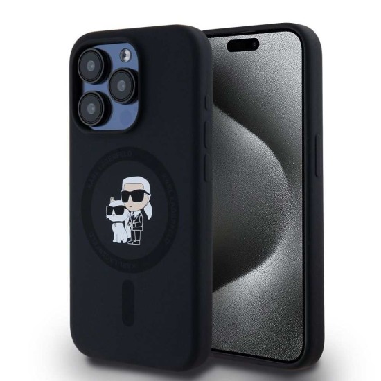 Husa Karl Lagerfeld Liquid Silicone Karl and Choupette MagSafe pentru iPhone 15 Pro, Neagra (Bakr, KLHMP15LSCMKCRHK) by www.silkase.ro