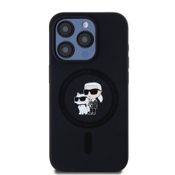 Husa Karl Lagerfeld Liquid Silicone Karl and Choupette MagSafe pentru iPhone 15 Pro, Neagra