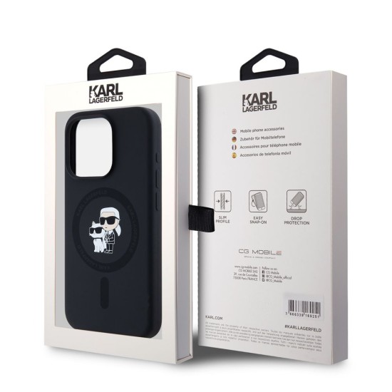 Husa Karl Lagerfeld Liquid Silicone Karl and Choupette MagSafe pentru iPhone 15 Pro, Neagra (Bakr, KLHMP15LSCMKCRHK) by www.silkase.ro