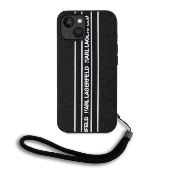 Husa Karl Lagerfeld PU Saffiano Athleisure Stripe and Strap pentru iPhone 15, Roz (Bakr, KLHCP15SPAMSCNSP) by www.silkase.ro