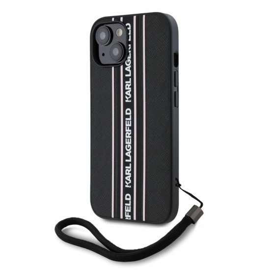 Husa Karl Lagerfeld PU Saffiano Athleisure Stripe and Strap pentru iPhone 15, Roz (Bakr, KLHCP15SPAMSCNSP) by www.silkase.ro