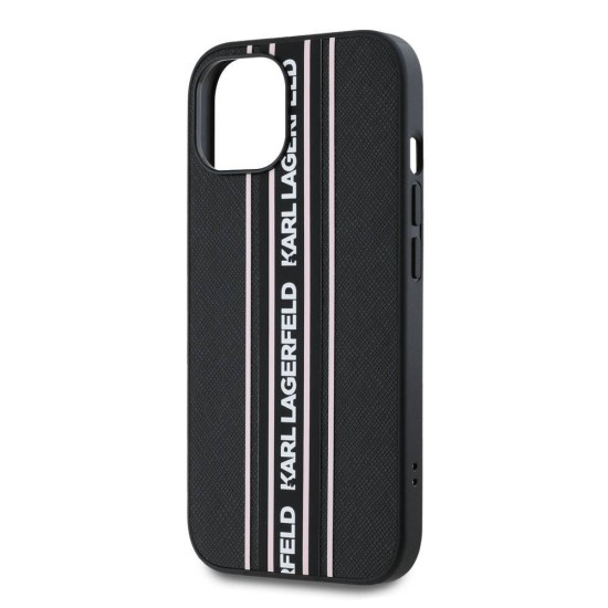 Husa Karl Lagerfeld PU Saffiano Athleisure Stripe and Strap pentru iPhone 15, Roz (Bakr, KLHCP15SPAMSCNSP) by www.silkase.ro