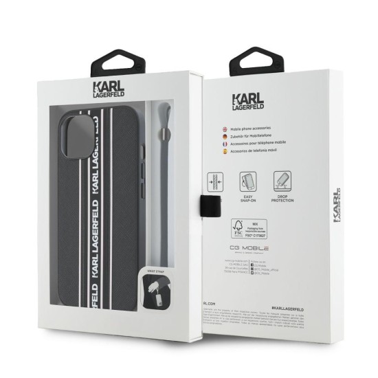Husa Karl Lagerfeld PU Saffiano Athleisure Stripe and Strap pentru iPhone 15, Roz (Bakr, KLHCP15SPAMSCNSP) by www.silkase.ro