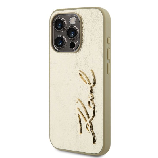 Husa Karl Lagerfeld Wrinkled PU Signature Logo pentru iPhone 15 Pro, Aurie (Bakr, KLHCP15LPFMFBKMD) by www.silkase.ro