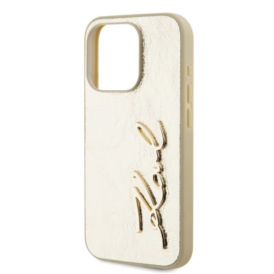 Husa Karl Lagerfeld Wrinkled PU Signature Logo pentru iPhone 15 Pro Max, Aurie (Bakr, KLHCP15XPFMFBKMD) by www.silkase.ro