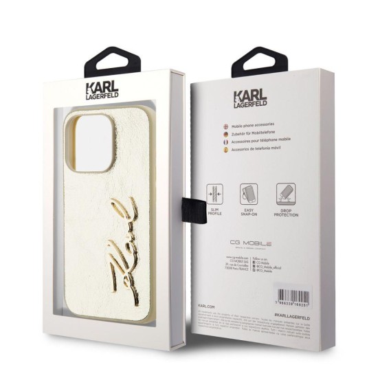 Husa Karl Lagerfeld Wrinkled PU Signature Logo pentru iPhone 15 Pro Max, Aurie (Bakr, KLHCP15XPFMFBKMD) by www.silkase.ro