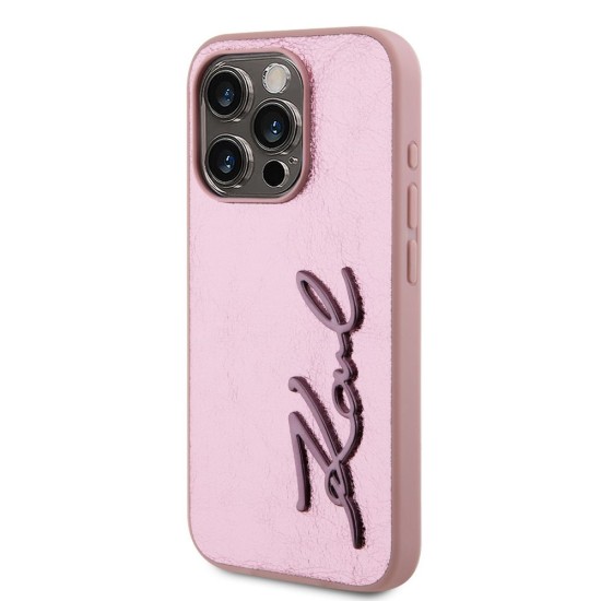 Husa Karl Lagerfeld Wrinkled PU Signature Logo pentru iPhone 15 Pro, Roz (Bakr, KLHCP15LPFMFBKMP) by www.silkase.ro