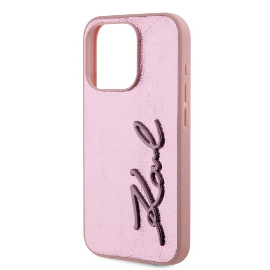 Husa Karl Lagerfeld Wrinkled PU Signature Logo pentru iPhone 15 Pro, Roz (Bakr, KLHCP15LPFMFBKMP) by www.silkase.ro